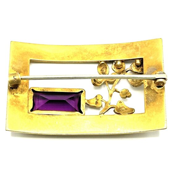 Transitional Art Deco Brass Brooch by George L Paine with Purple Glass Cabochon - Picture 6 of 9